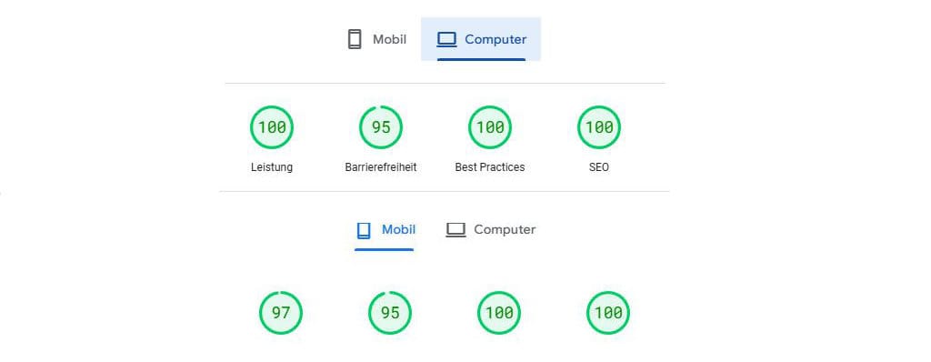 Leistung 100%, Barrierefreiheit 95% Pest Practice 100% Seo 100%