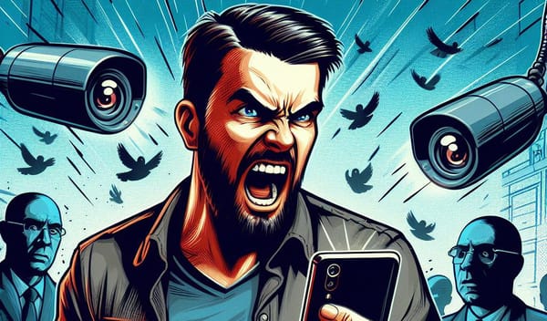 Illustration: Man schreit sein Smartphone an. Im Hintergrund sind Überwachungskameras zu sehen.