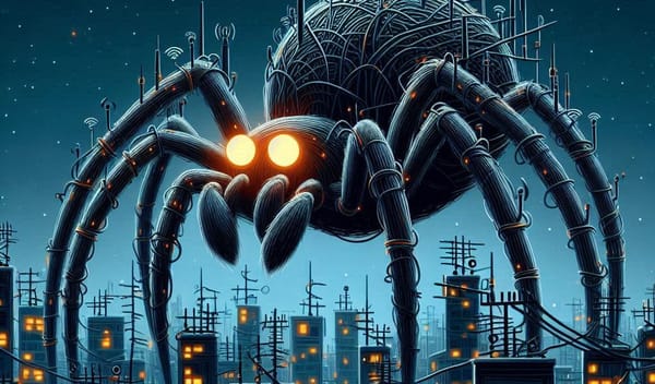 Illustration einer monströsen Spinne. Unter ihr befindet sich eine ganze Stadt.